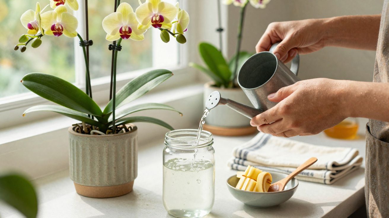 Pessoa regando orquídeas amarelas com regador metálico em cozinha iluminada por janela.