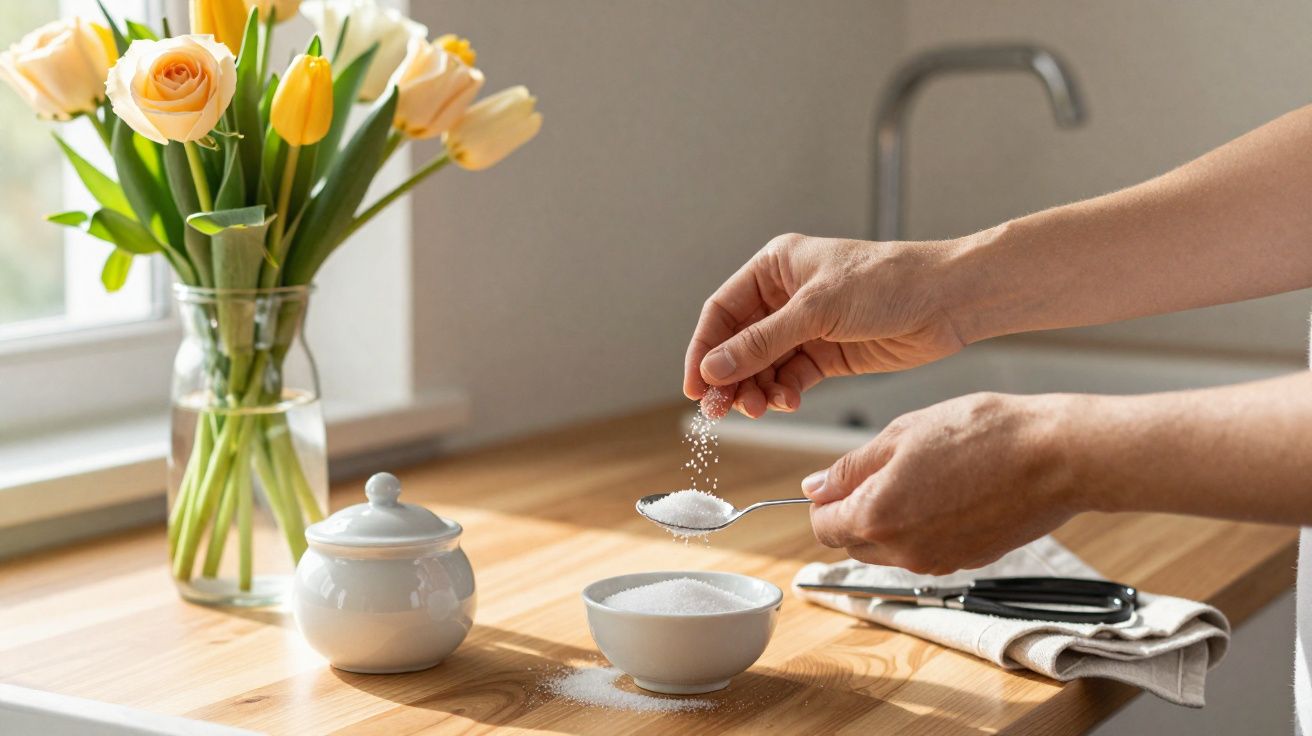 Mãos colocando açúcar de um pote em uma colher sobre uma mesa de madeira com flores amarelas ao fundo.