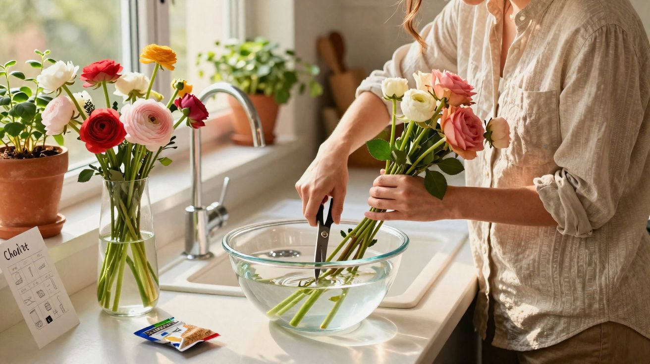Pessoa cortando caules de flores em uma tigela de vidro com água em cozinha iluminada por janela.