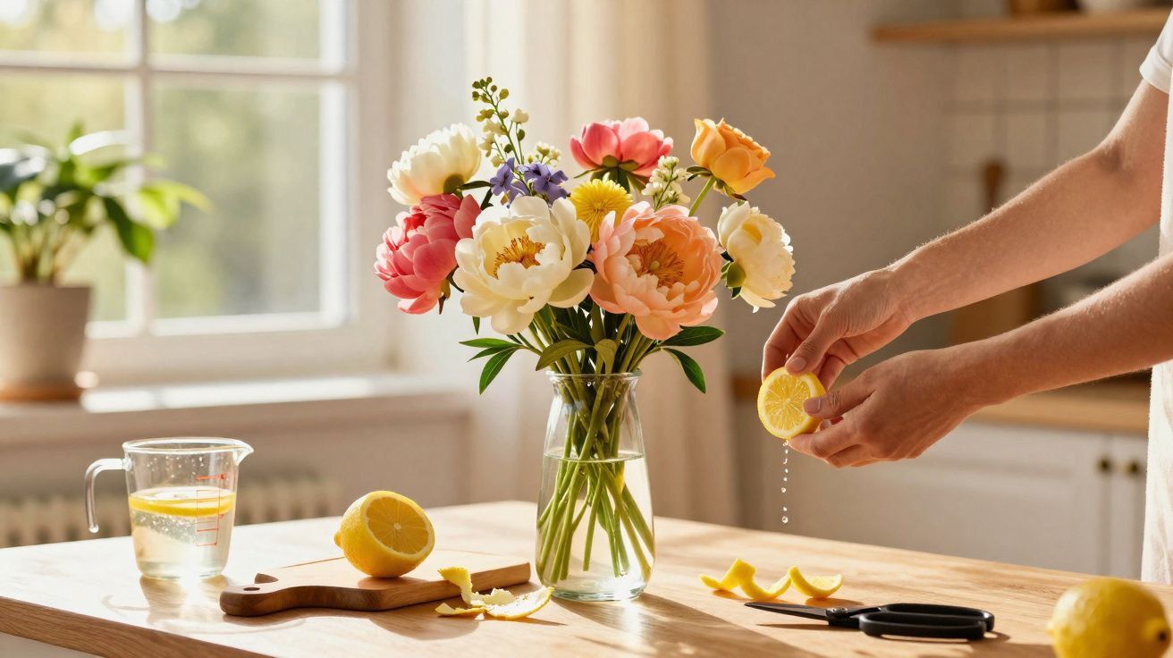 Mãos espremendo limão sobre mesa com vaso de flores coloridas e jarra com água e limão ao fundo.