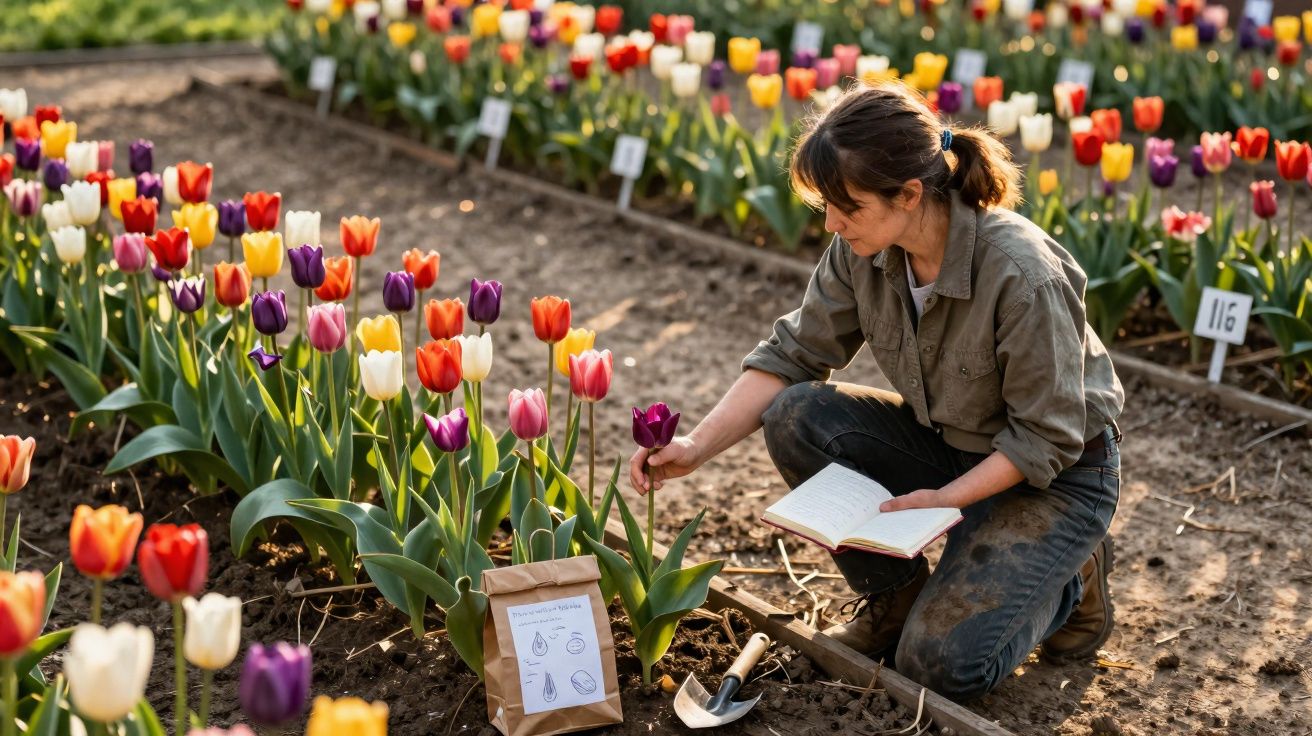 Mulher examinando tulipas coloridas em jardim, segurando caderno e agachada junto a ferramentas.