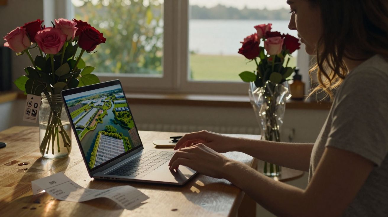Pessoa trabalhando em laptop em mesa de madeira com dois vasos de flores e vista para lago ao fundo.