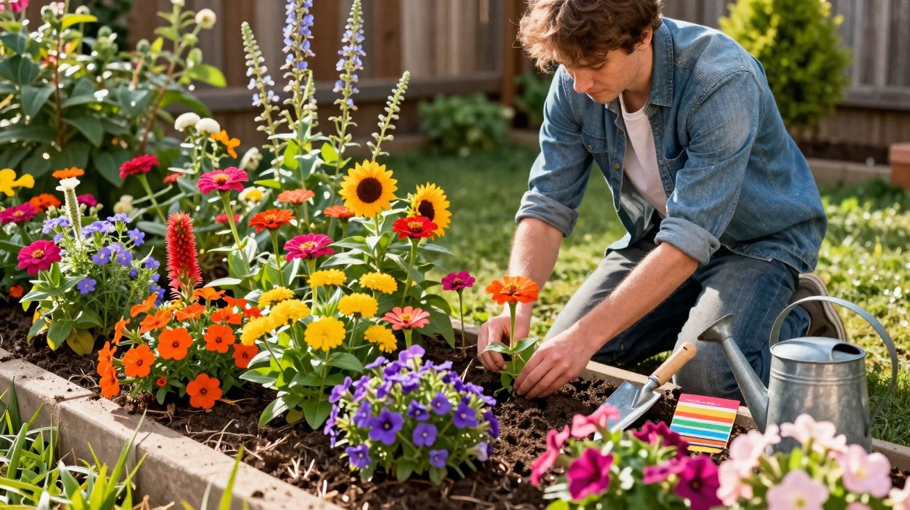 Jovem cuidando de flores coloridas em canteiro no jardim com regador e ferramentas.