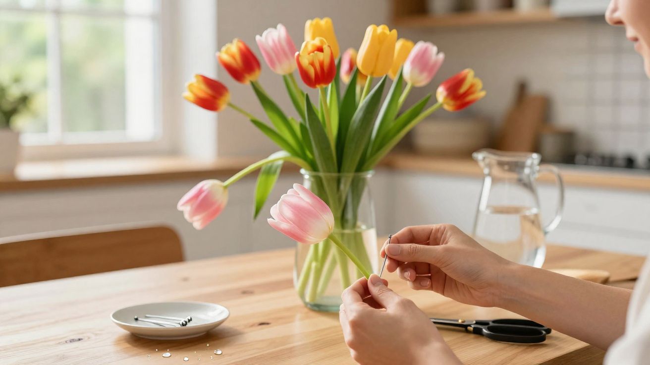 Pessoa alinhavando uma tulipa rosa próxima a vaso com tulipas laranja, amarelas e rosas numa mesa de madeira.