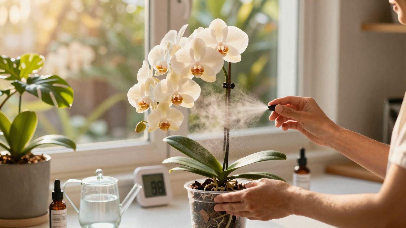 Pessoa borrifando água em orquídea branca dentro de casa perto da janela com luz natural.