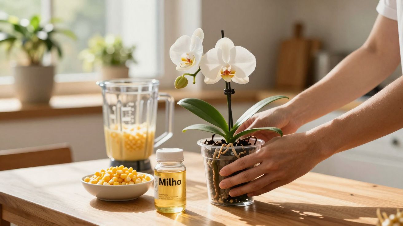 Mãos ajustando orquídea branca em vaso transparente em mesa com milho em pote e prato, liquidificador ao fundo.