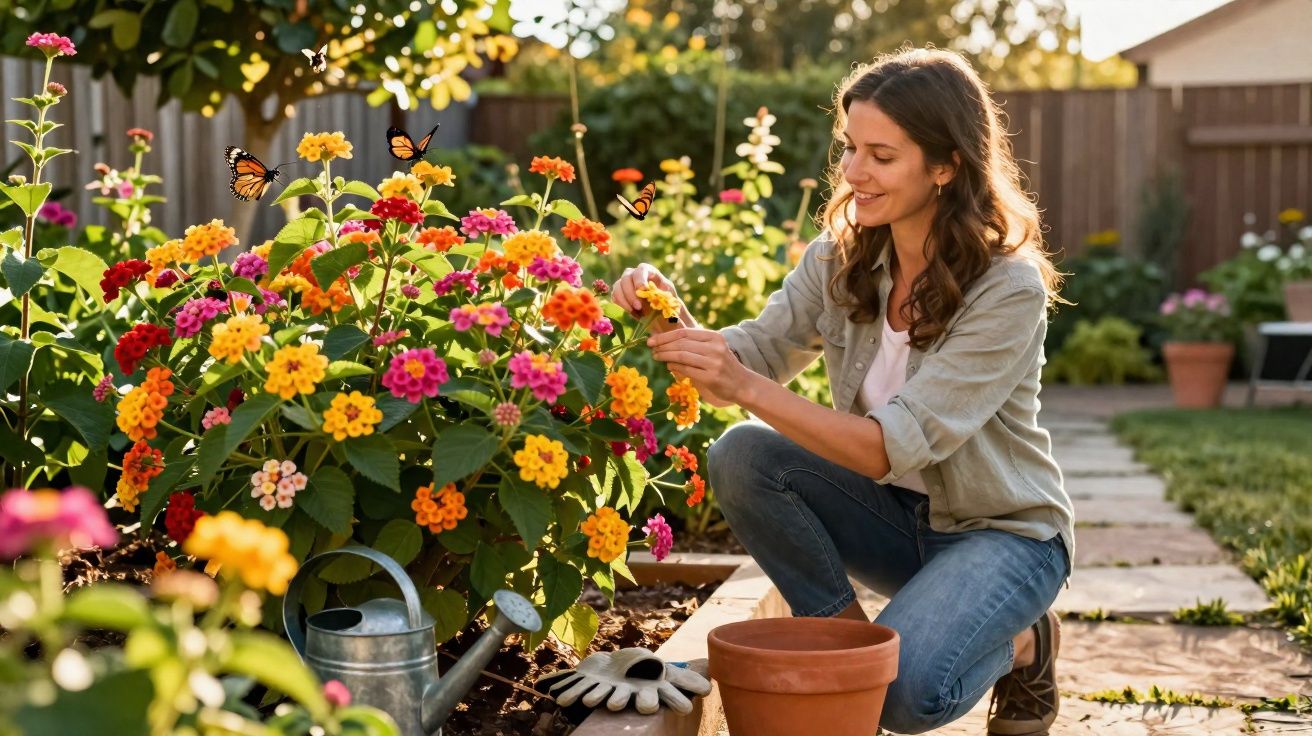 Mulher sorridente cuidando de flores coloridas em um jardim ao pôr do sol.