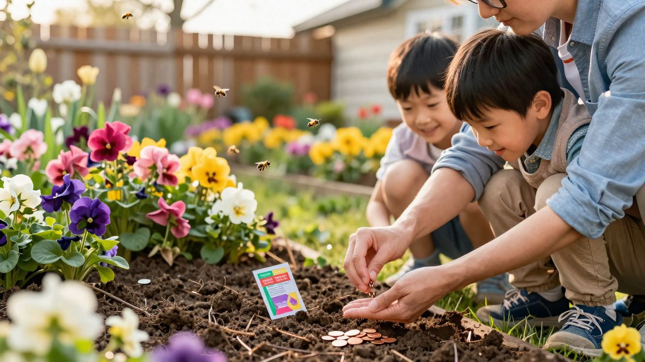 Adulto e duas crianças plantando moedas em um jardim florido com abelhas voando ao redor.