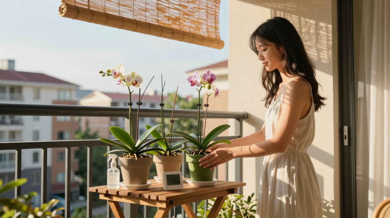 Mulher cuidando de orquídeas em vaso em mesa de madeira na varanda iluminada pelo sol.