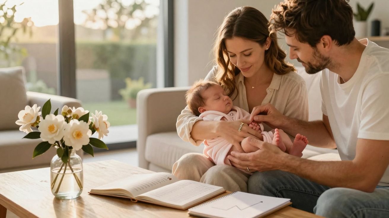 Casal sentado com bebê no colo em sala iluminada, com flores na mesa e livro aberto.