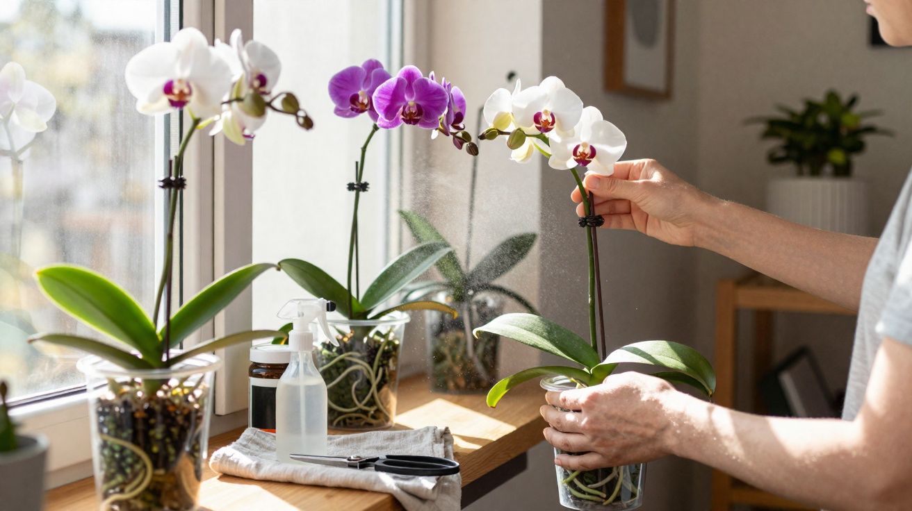 Pessoa cuidando de orquídeas brancas e roxas em vasos transparentes na beira de janela iluminada.