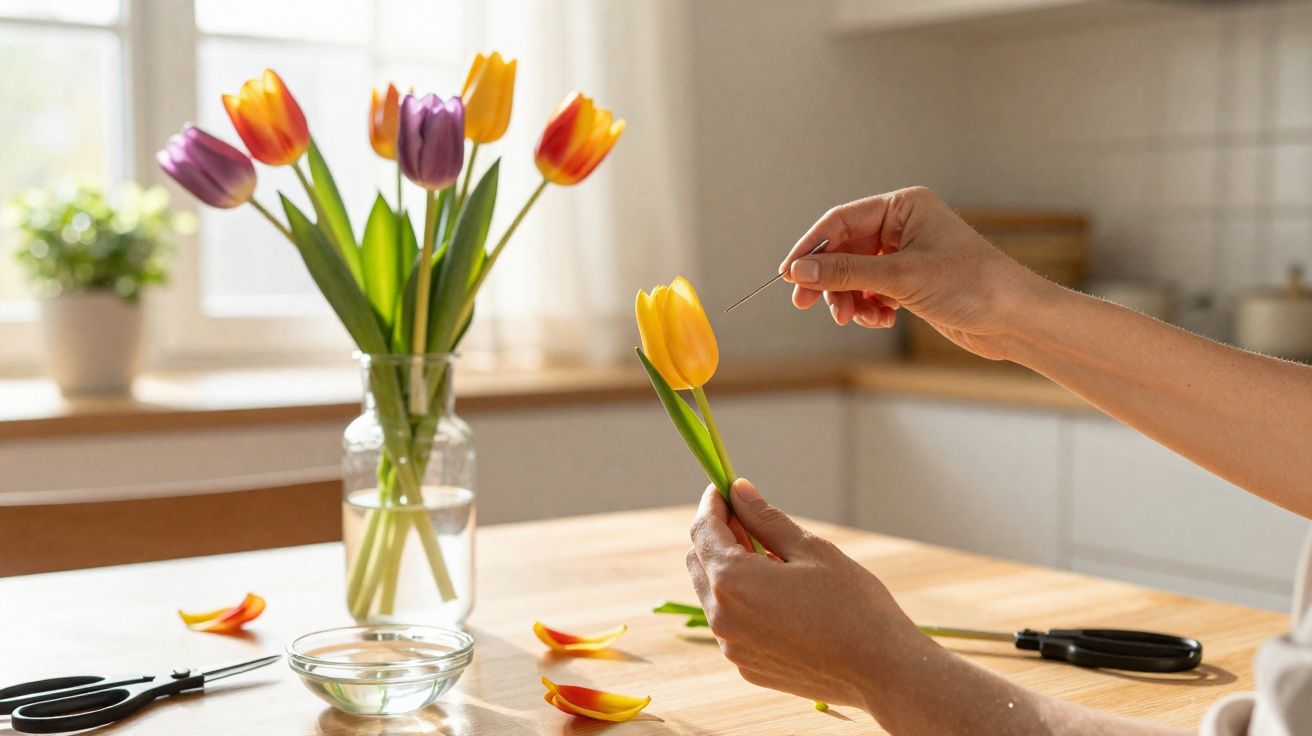 Pessoa segurando tulipa amarela e limpando pétalas em cozinha iluminada, com jarro de flores coloridas ao fundo.