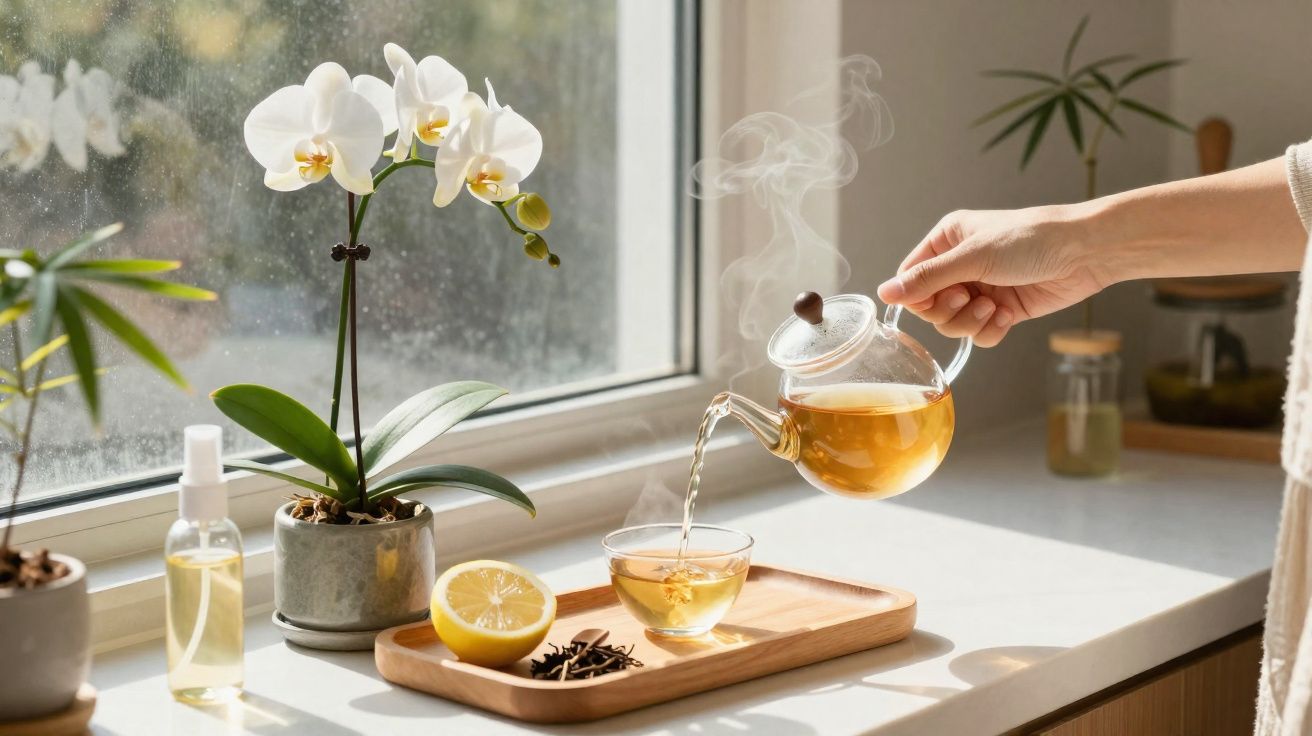 Pessoa servindo chá quente em xícara de vidro em bandeja com limão e cravos, perto de orquídea branca na janela.