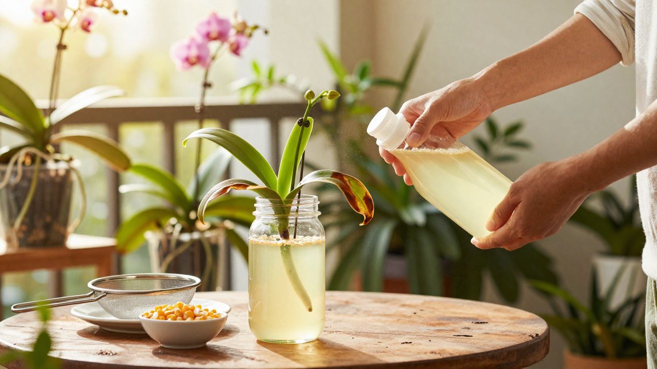 Pessoa usando adubo caseiro líquido para orquídea em jarra sobre mesa de madeira.