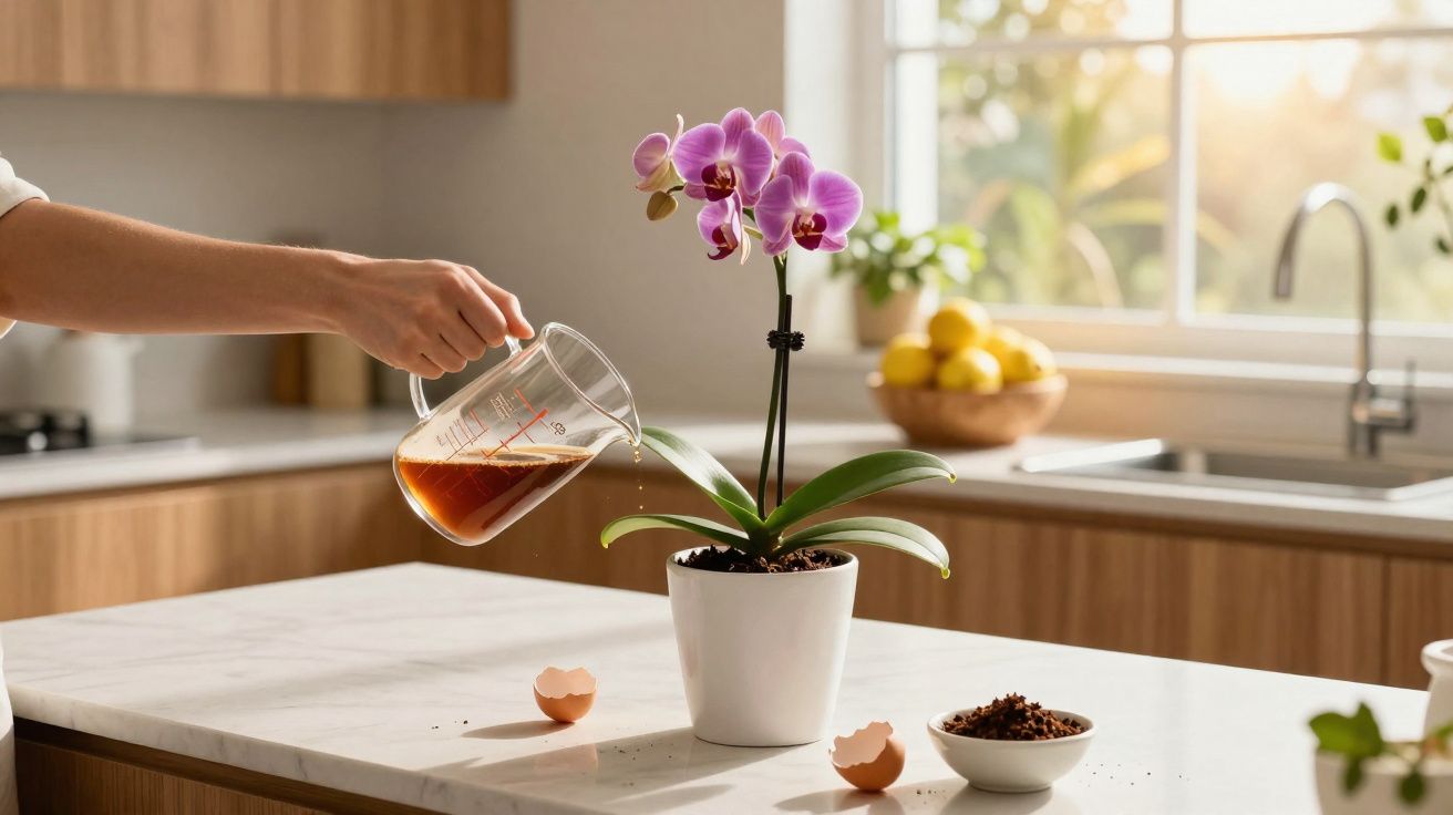 Pessoa regando orquídea roxa em vaso branco sobre balcão de cozinha com luz natural entrando pela janela.
