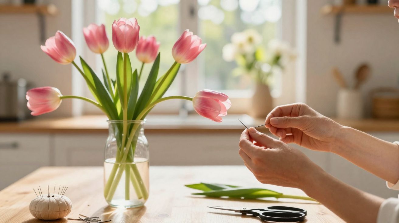 Vaso com tulipas rosas sobre mesa de madeira, ao lado de mãos segurando uma agulha e tesoura.