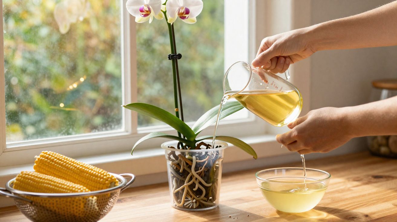Pessoa regando orquídea com água em copo medidor sobre mesa próxima a janela iluminada.