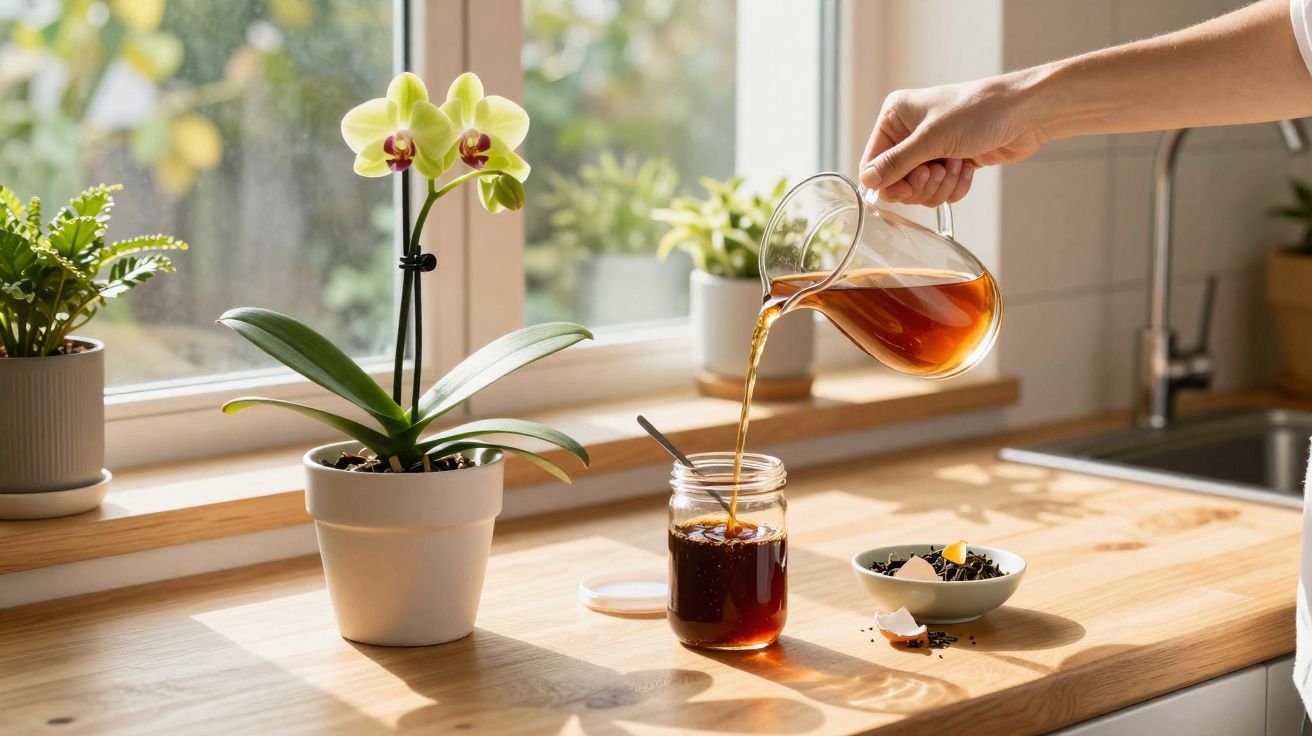 Pessoa despejando chá em pote de vidro em cozinha iluminada com plantas ao fundo.