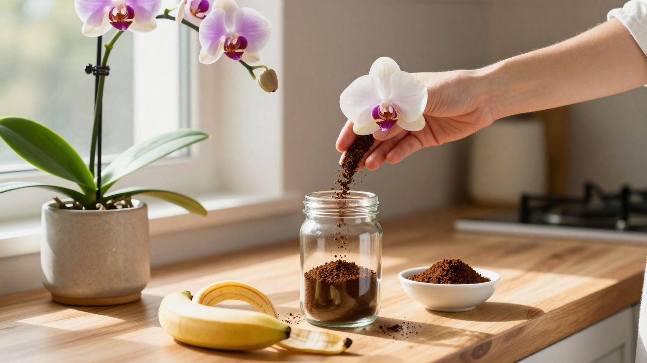 Mão colocando café moído em pote de vidro em bancada com orquídea em vaso e banana descascada.