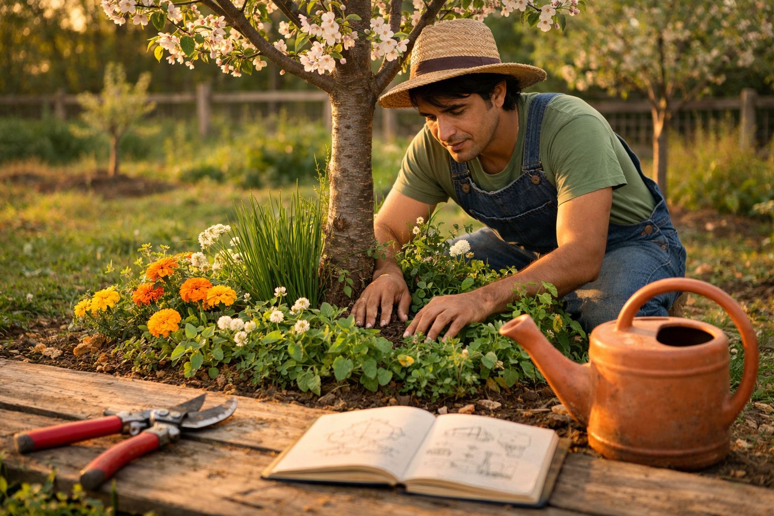 Homem com chapéu jardinando flores ao redor de árvore, com regador, tesoura de poda e caderno aberto.