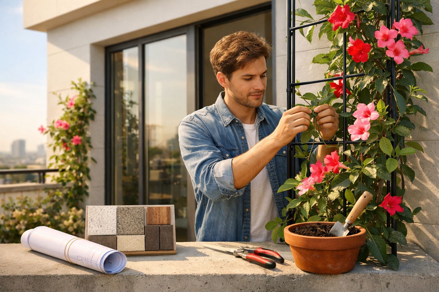 Homem cuidando de planta com flores rosas em varanda com ferramentas e amostras de materiais.