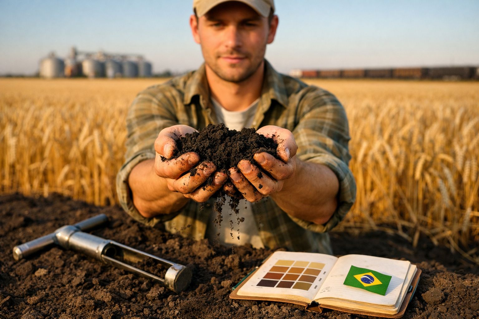 Agricultor segurando terra fértil e amostrador de solo em campo de trigo com catálogo de cores.