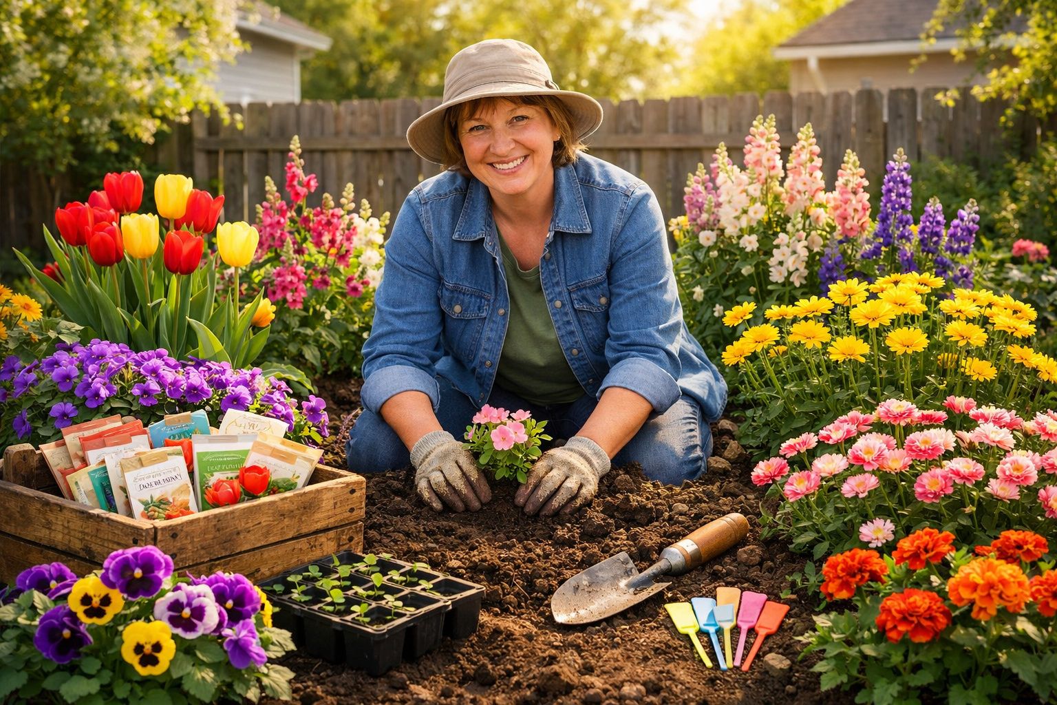 Mulher sorridente plantando flores em jardim colorido cercado por sementes e ferramentas de jardinagem.