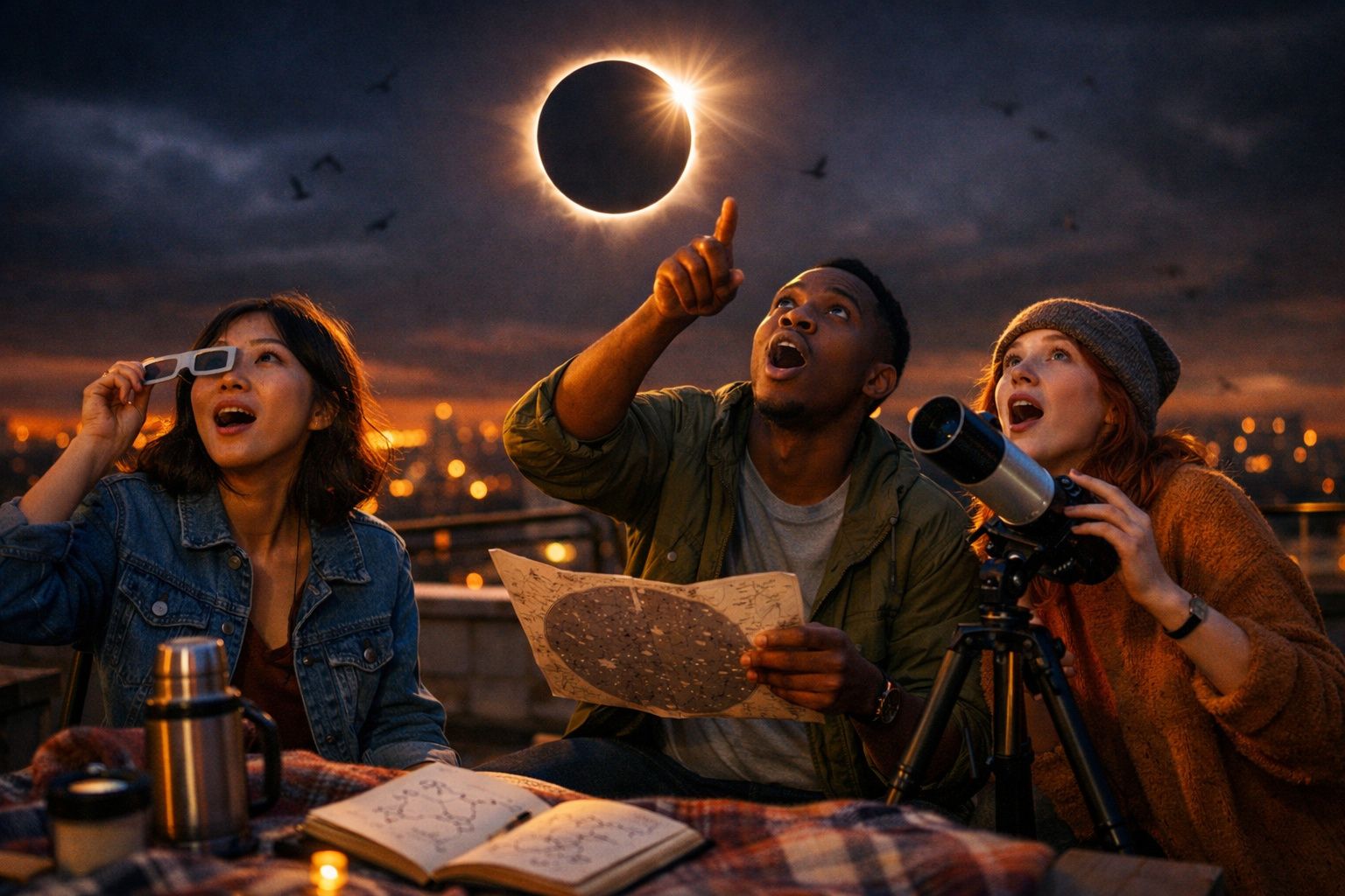 Três pessoas observando eclipse solar com mapa estelar e telescópio ao entardecer na cidade.