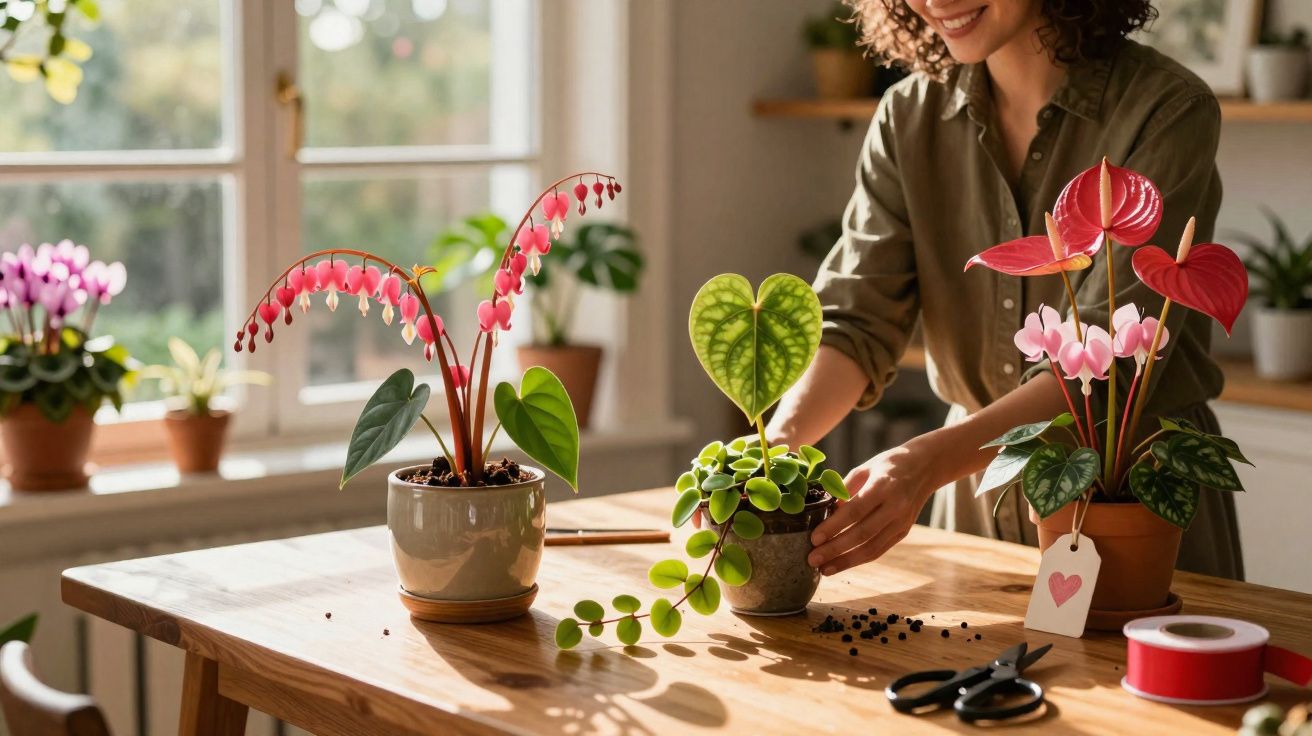 Mulher cuidando de plantas variadas em vaso sobre mesa de madeira iluminada por luz natural.