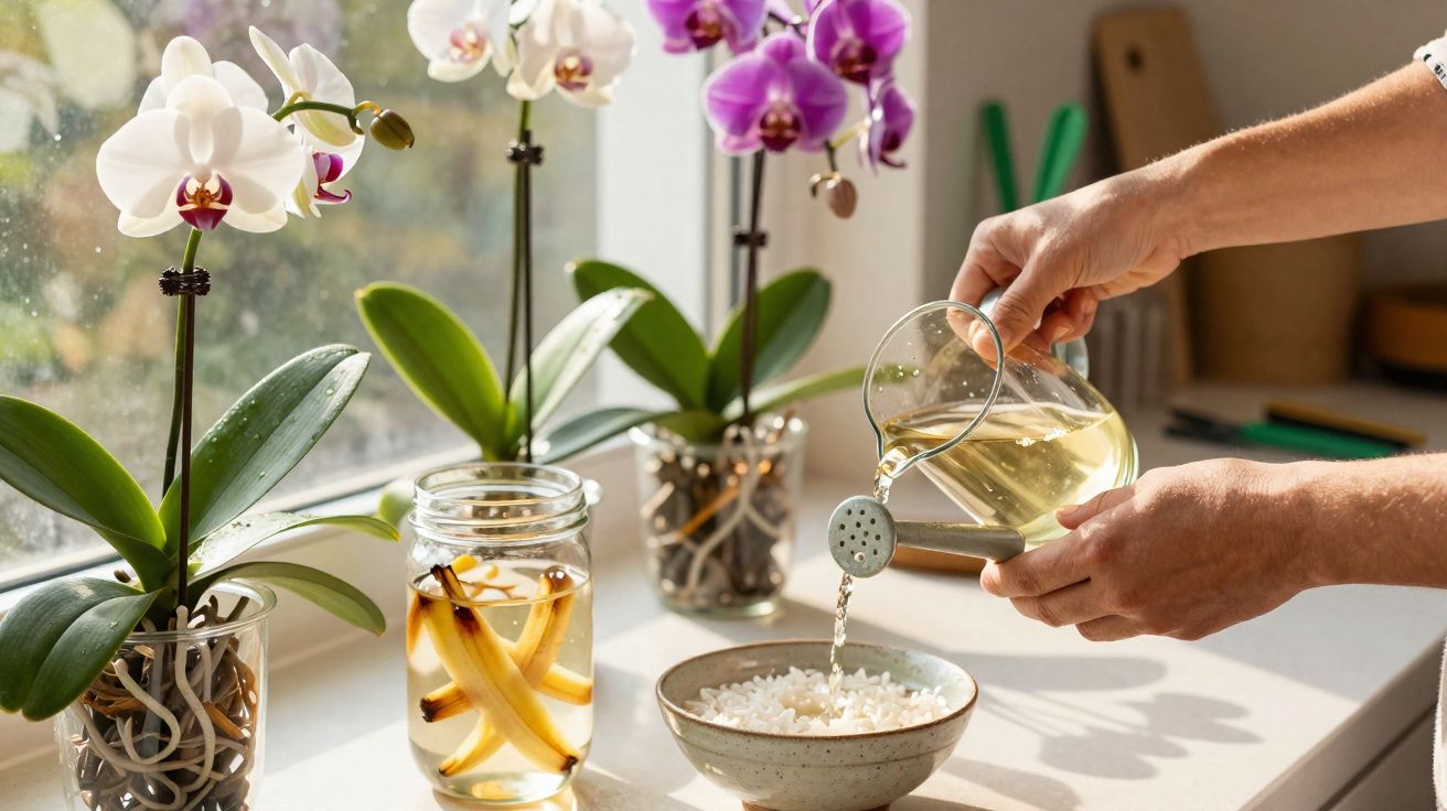 Pessoa regando orquídeas brancas e roxas na janela com regador transparente e arroz em tigela.