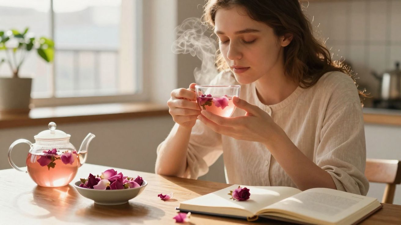 Mulher segurando xícara de chá com flores, sentada à mesa com livro aberto e jarra de chá.