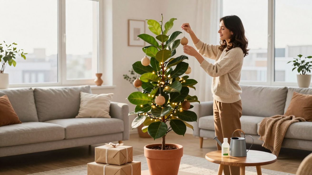 Mulher decorando uma árvore de Natal com bolas em sala de estar moderna e aconchegante.