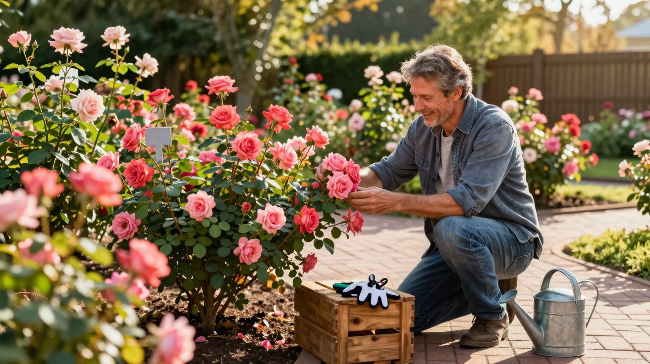 Homem cuidando de rosas cor de rosa em jardim ensolarado, com regador e caixa de ferramentas.