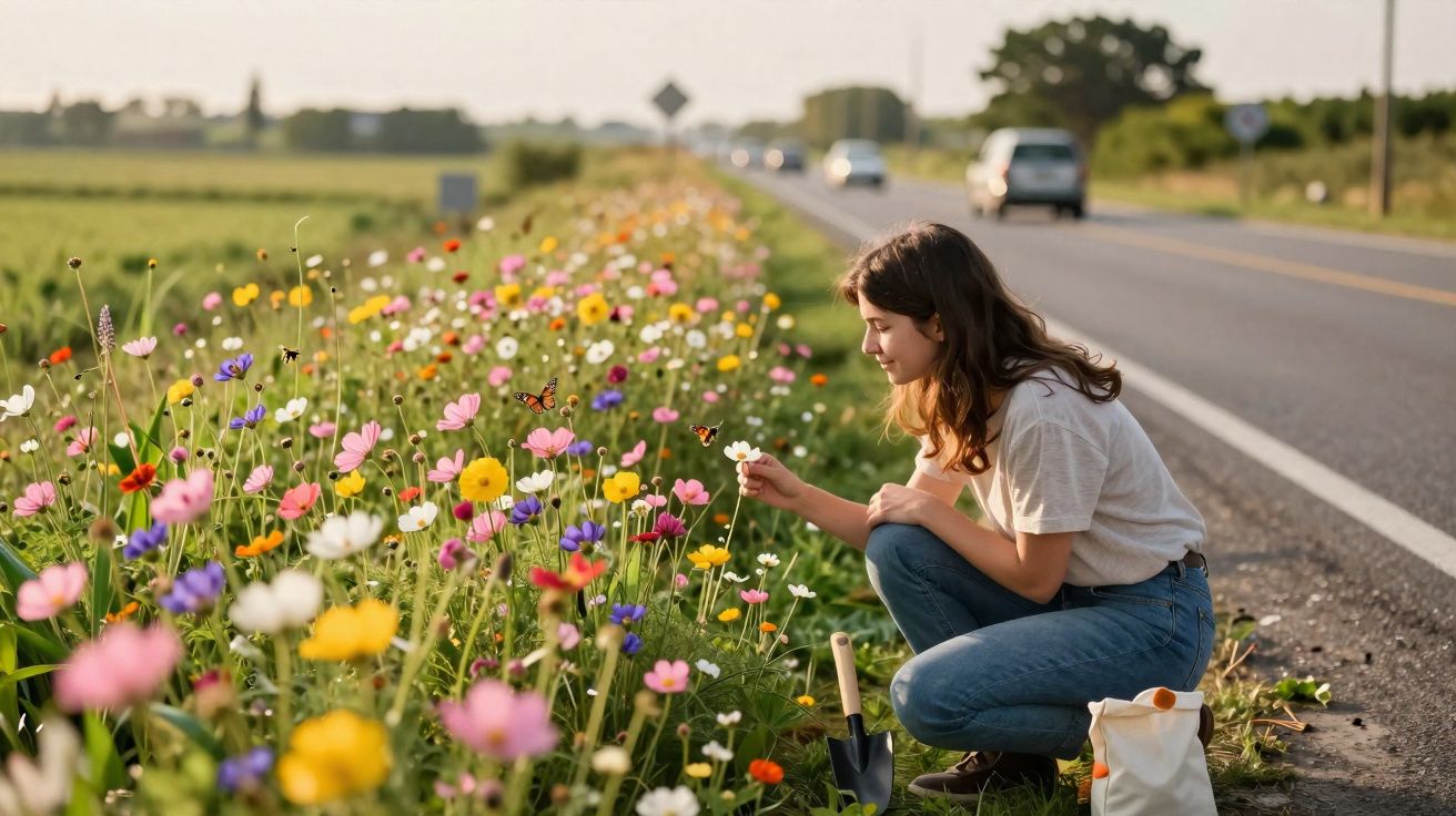 Mulher agachada colhendo flores coloridas ao lado de estrada com carros ao fundo.