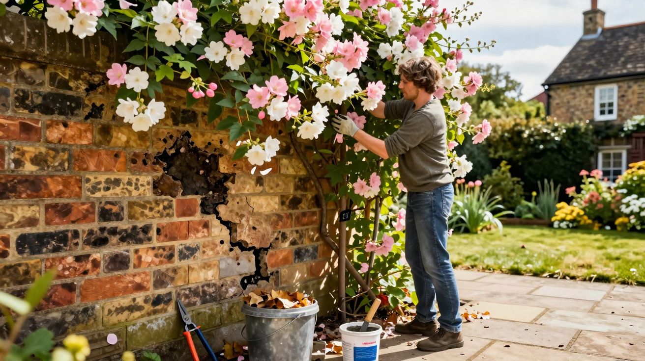 Homem cuidando de flores rosas e brancas junto a muro de tijolos em jardim ensolarado.