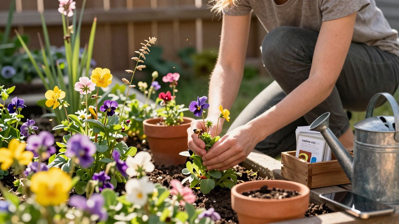 Pessoa plantando flores coloridas em um jardim com regador e vasos ao redor em dia ensolarado.