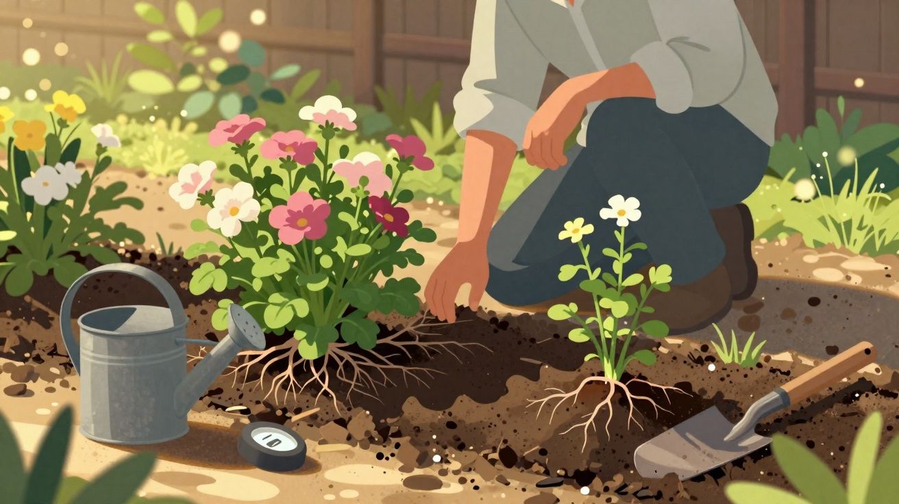 Pessoa plantando flores coloridas em canteiro com regador, pá e trena ao lado em jardim ensolarado.