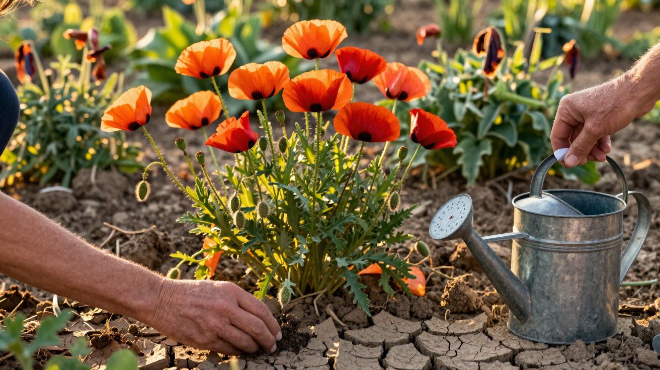Mãos cuidando de flores vermelhas em solo seco com regador metálico ao lado em jardim.