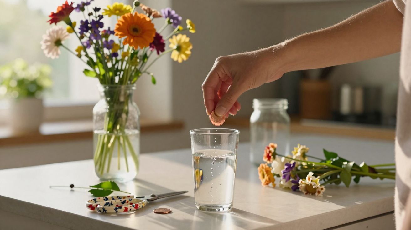 Pessoa deixando um comprimido efervescente cair em um copo de água em uma bancada com flores ao fundo.