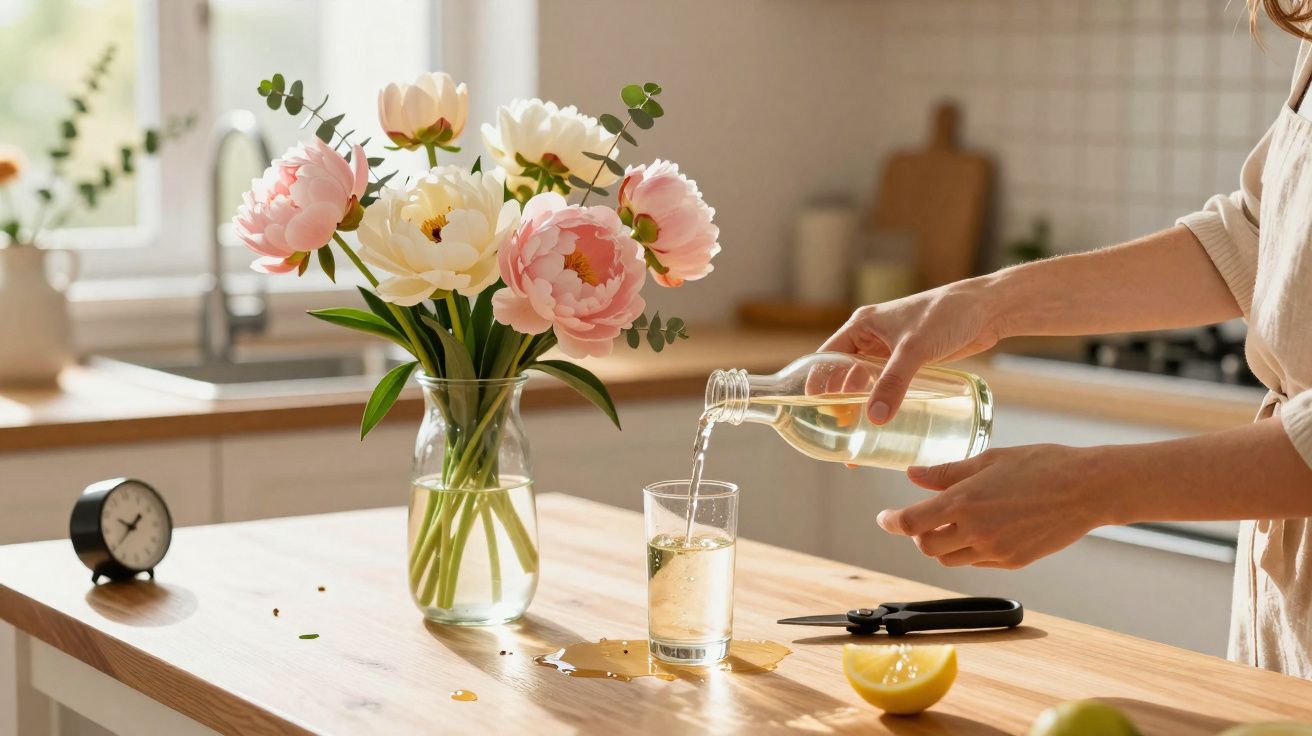 Pessoa servindo bebida em copo sobre mesa de madeira com vaso de flores e frutas em cozinha iluminada.