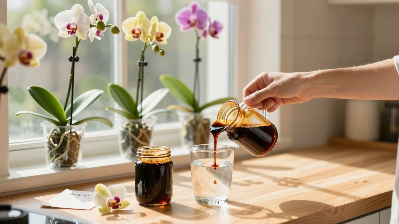 Mão despejando líquido escuro em copo com água, ao lado de jarro e vasos com orquídeas na janela.