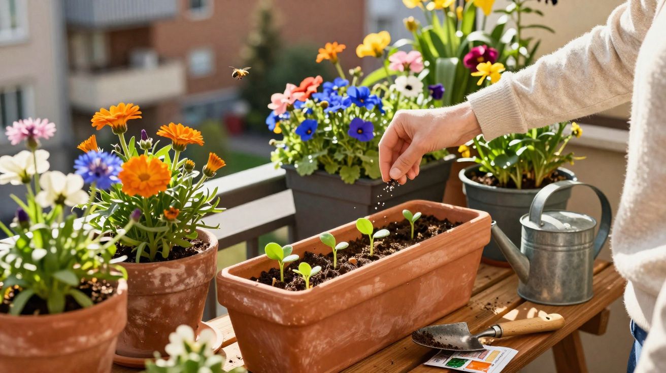 Pessoa semeando em vasos com flores coloridas em uma varanda ensolarada.