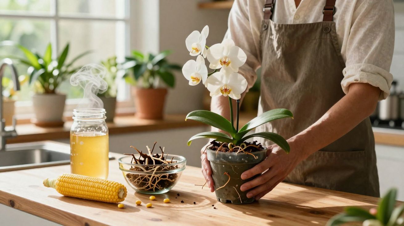 Pessoa cuidando de orquídea branca em vaso, com milho e infusão em jarro na bancada da cozinha.
