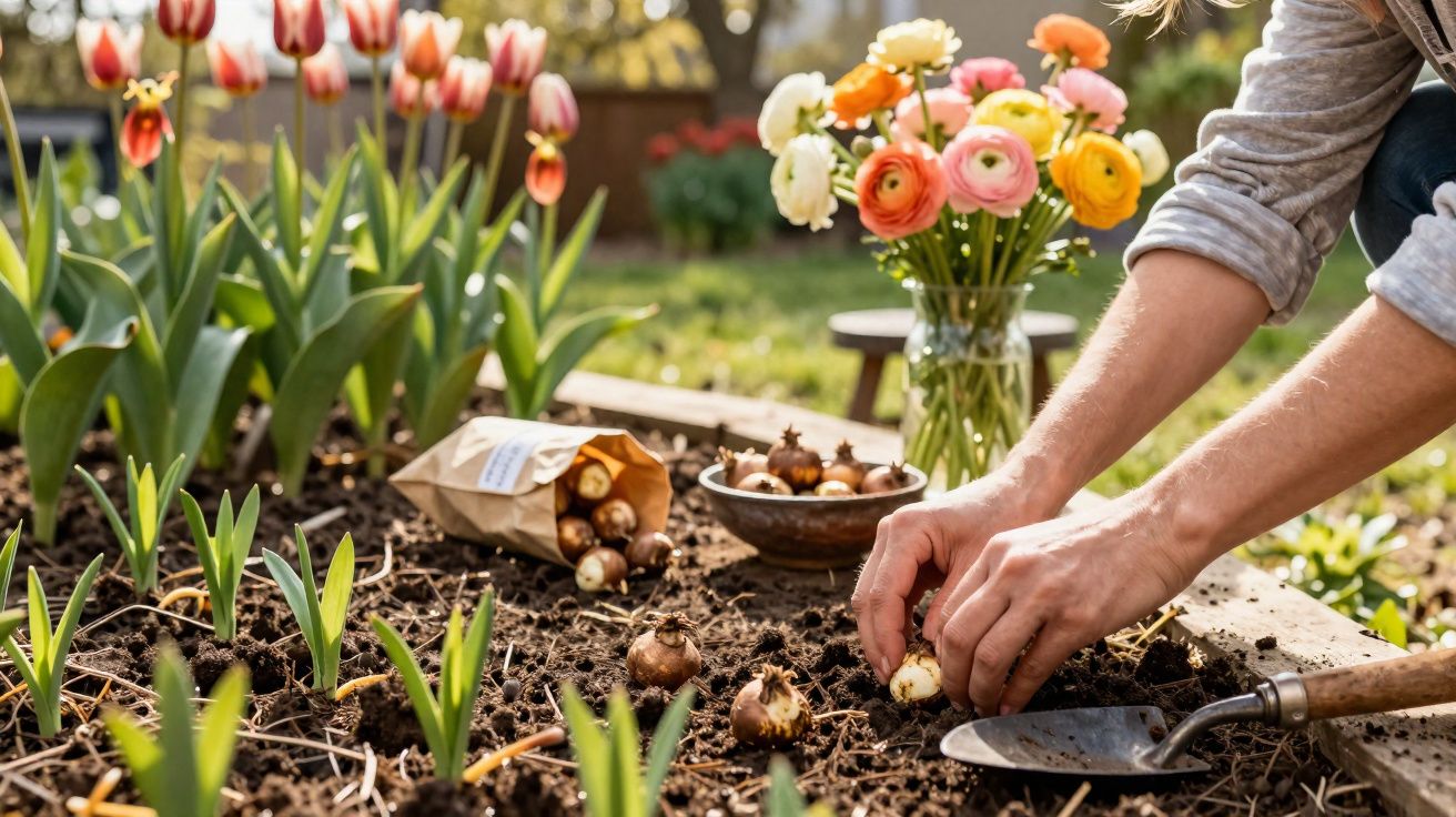 Pessoa plantando bulbos de flores em canteiro, com flores coloridas e pá de jardim ao lado.
