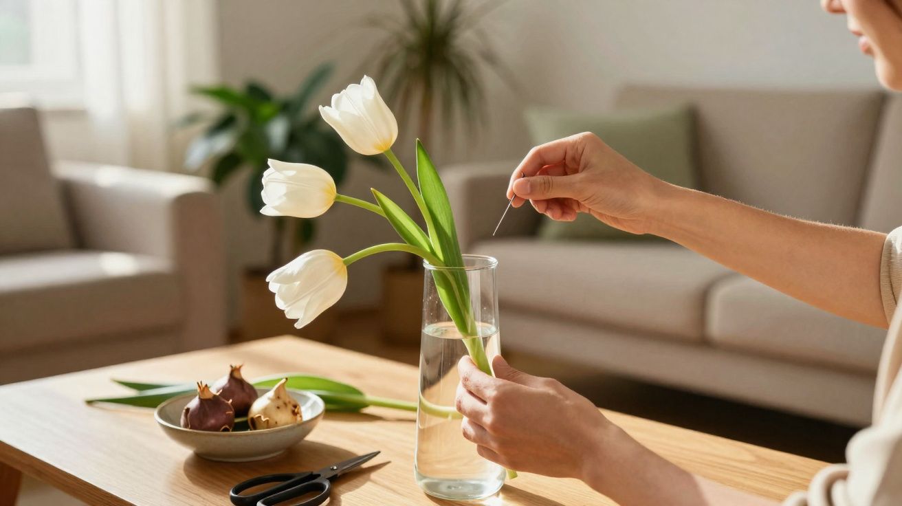 Pessoa cuidando de tulipas brancas em vaso de vidro em uma sala com sofá ao fundo.