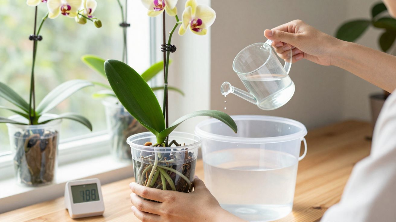 Pessoa regando orquídea em vaso transparente perto de janela, com umidade medida por higrômetro digital.
