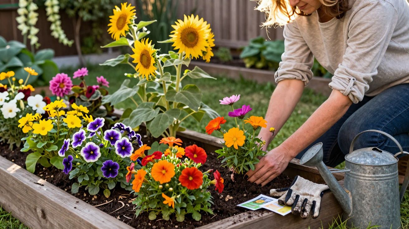 Pessoa cuidando de flores coloridas em canteiro de madeira em um jardim ensolarado.