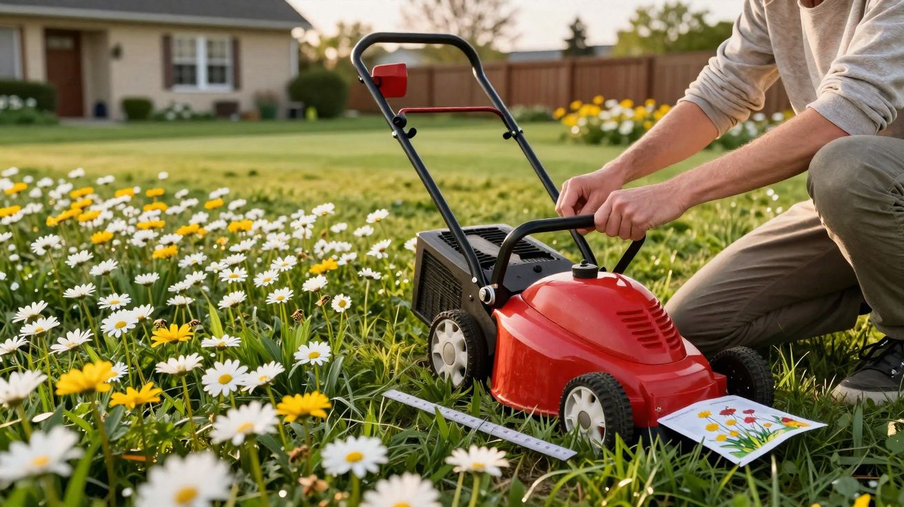 Pessoa ajustando cortador de grama vermelho ao lado de flores brancas e amarelas em jardim.