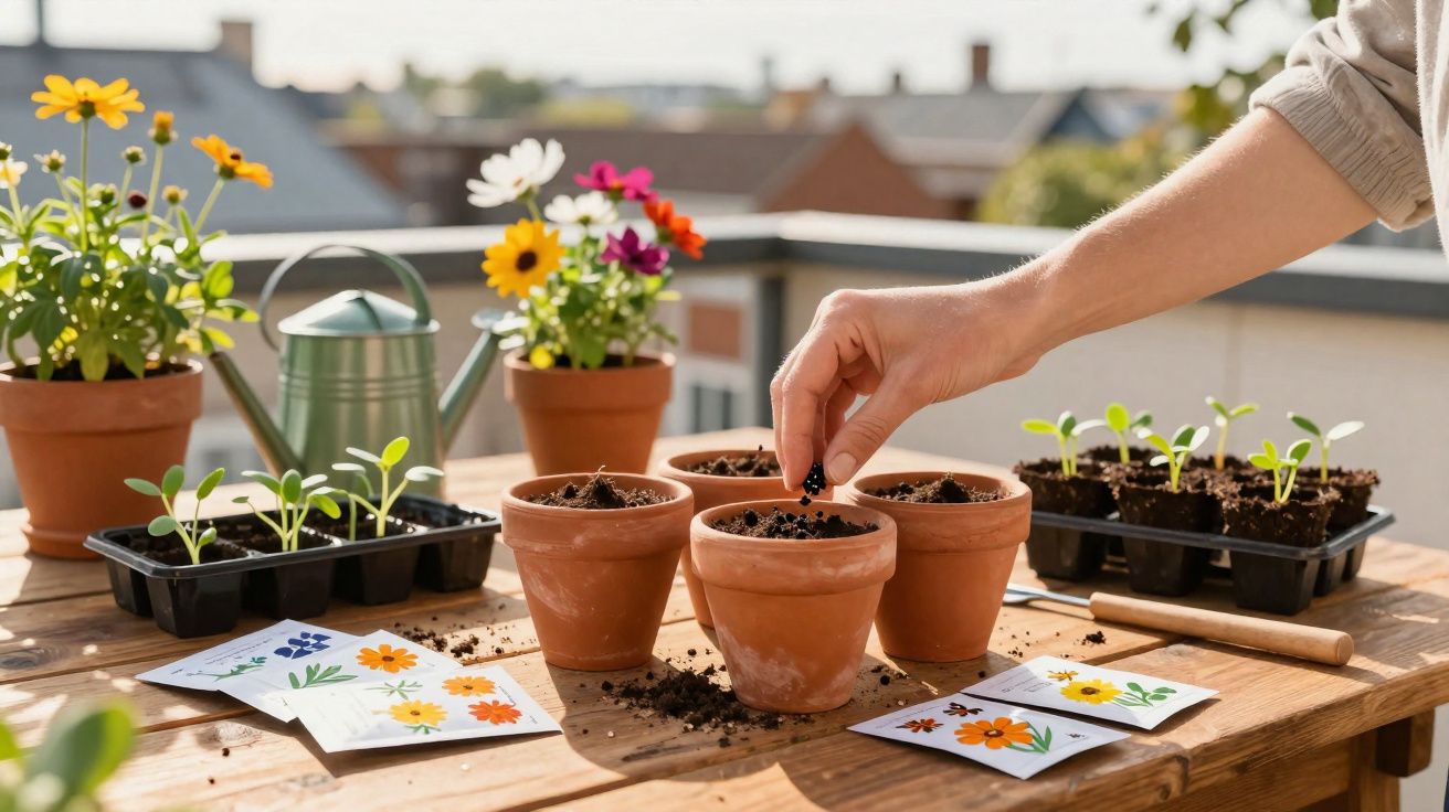 Pessoa plantando sementes em vasos de barro sobre mesa de madeira com mudas e flores coloridas.