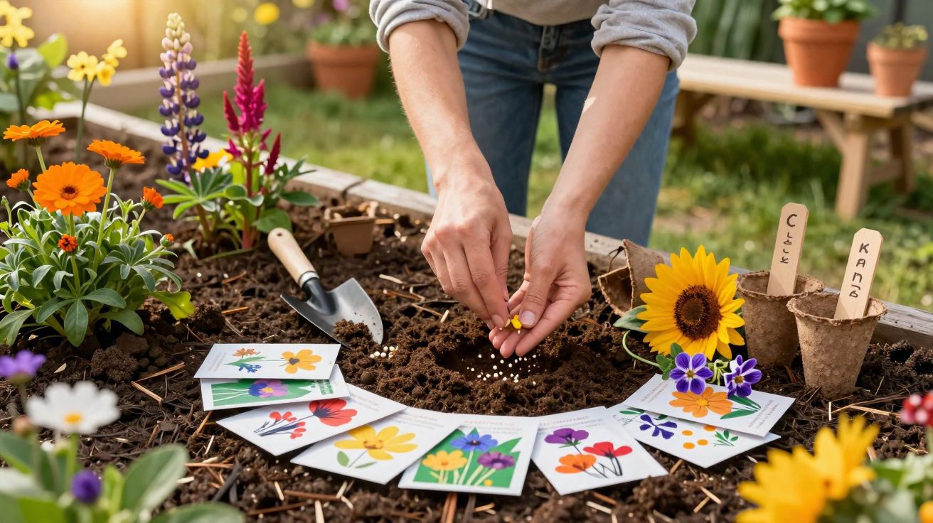 Mãos plantando sementes em canteiro com cartões ilustrando flores e sementes para jardinagem.